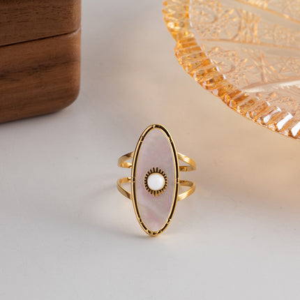 Anillo De Acero Inoxidable Ovalado De Perla Blanca, Estilo Único