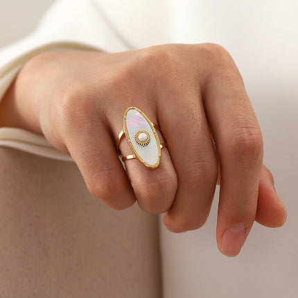 Anillo De Acero Inoxidable Ovalado De Perla Blanca, Estilo Único