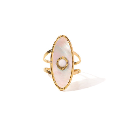 Anillo De Acero Inoxidable Ovalado De Perla Blanca, Estilo Único
