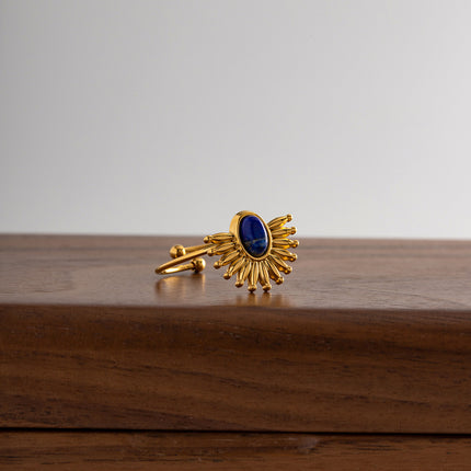 Anillo Abierto De Acero Inoxidable Con Lapislázuli Incrustado