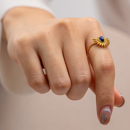 Anillo Abierto De Acero Inoxidable Con Lapislázuli Incrustado