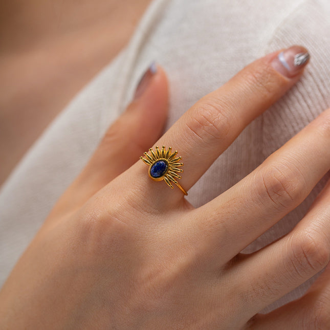 Anillo Abierto De Acero Inoxidable Con Lapislázuli Incrustado