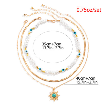 Collar De Múltiples Capas Con Perlas Y Colgante De Sol Con Turquesa