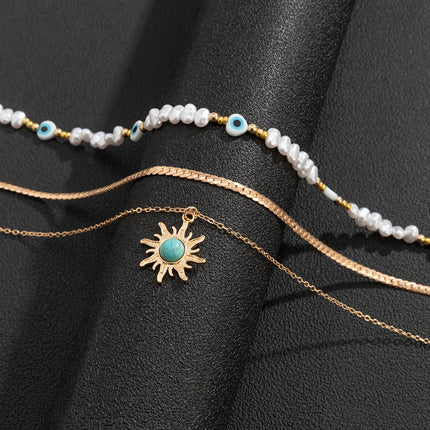 Collar De Múltiples Capas Con Perlas Y Colgante De Sol Con Turquesa