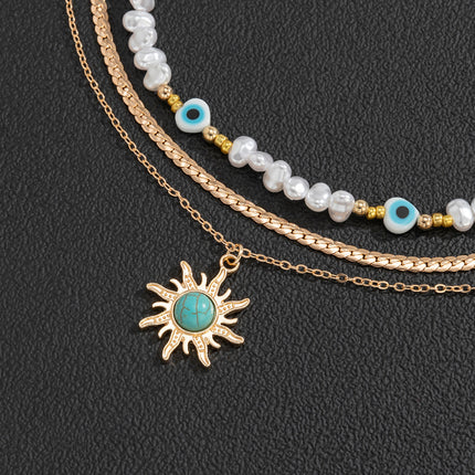 Collar De Múltiples Capas Con Perlas Y Colgante De Sol Con Turquesa