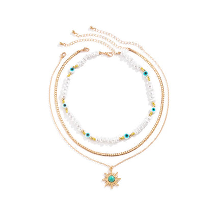 Collar De Múltiples Capas Con Perlas Y Colgante De Sol Con Turquesa