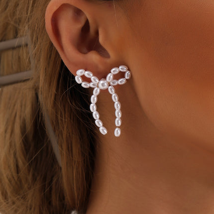 Aretes De Perla Artificiales Elegantes Con Lazo Estilo Delicado