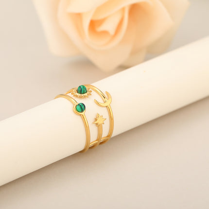 Anillo Ajustable Con Diseño De Tres Hueco Y Piedra Natural En Acero Inoxidable Chapado En Oro 14K