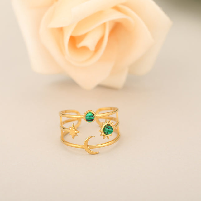 Anillo Ajustable Con Diseño De Tres Hueco Y Piedra Natural En Acero Inoxidable Chapado En Oro 14K