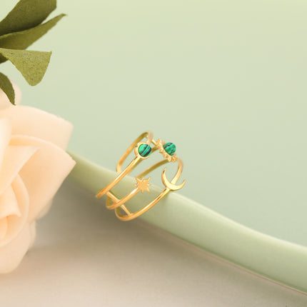 Anillo Ajustable Con Diseño De Tres Hueco Y Piedra Natural En Acero Inoxidable Chapado En Oro 14K