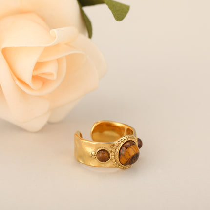 Anillo Ajustable Con Piedra Natural De Estilo Vintage Y Lujo En Acero Inoxidable