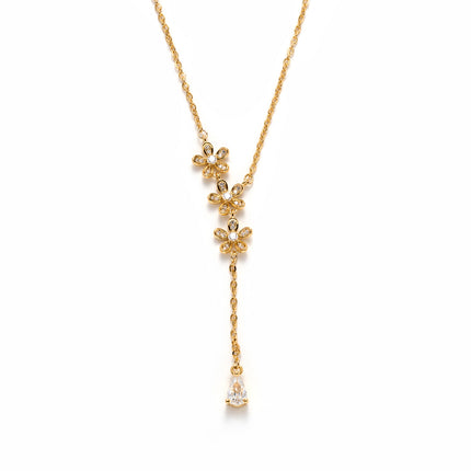 Collar Cobre De Oro 18K Con Colgante De Tres Flores Y Gota De Zirconia