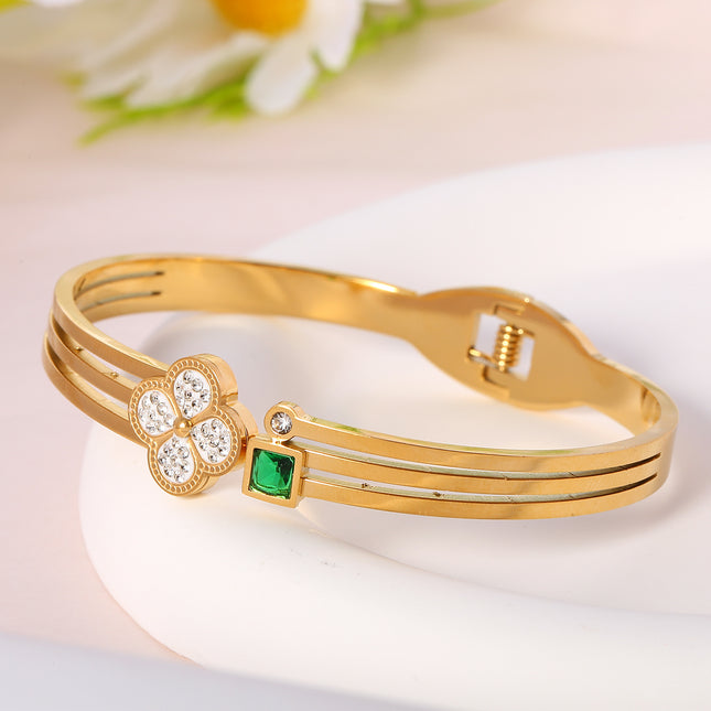 Pulsera Brazalete Con Flor De Cuatro Hojas Y Zirconia Verde Cuadrada