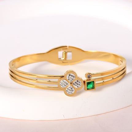 Pulsera Brazalete Con Flor De Cuatro Hojas Y Zirconia Verde Cuadrada