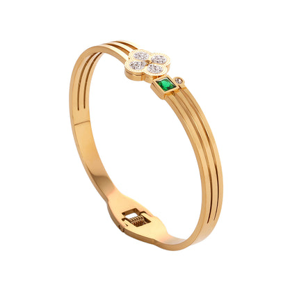 Pulsera Brazalete Con Flor De Cuatro Hojas Y Zirconia Verde Cuadrada
