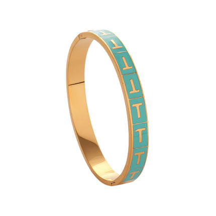 Pulsera Brazalete Con T Dorada En Rectángulo Azul Y Cierre De Clip