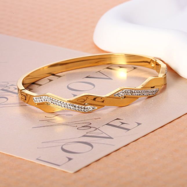 Pulsera Brazalete De Acero Inoxidable Diseño De Líneas Y Con Zirconia