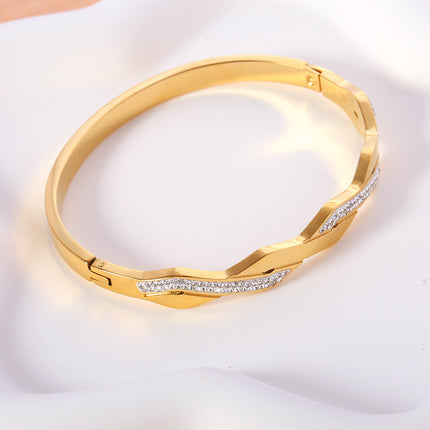 Pulsera Brazalete De Acero Inoxidable Diseño De Líneas Y Con Zirconia