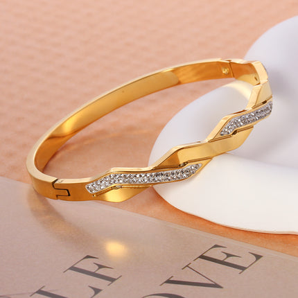Pulsera Brazalete De Acero Inoxidable Diseño De Líneas Y Con Zirconia