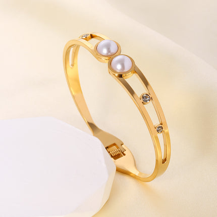 Pulsera Brazalete De Acero Inoxidable Con Perlas Artificiales Y Zirconias