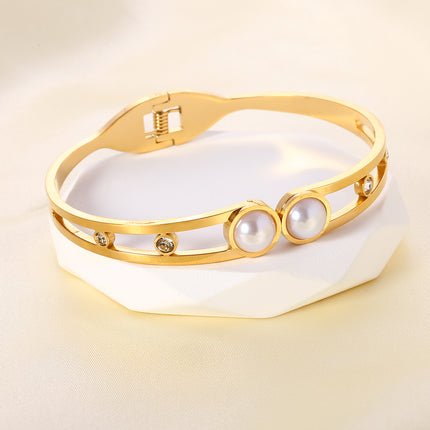 Pulsera Brazalete De Acero Inoxidable Con Perlas Artificiales Y Zirconias