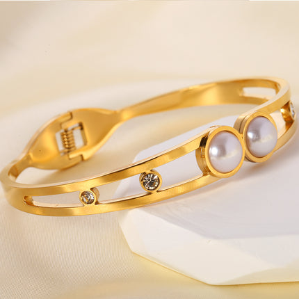Pulsera Brazalete De Acero Inoxidable Con Perlas Artificiales Y Zirconias