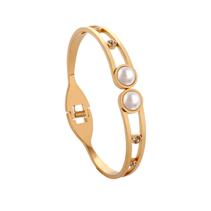 Pulsera Brazalete De Acero Inoxidable Con Perlas Artificiales Y Zirconias