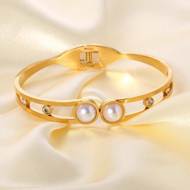 Pulsera Brazalete De Acero Inoxidable Con Perlas Artificiales Y Zirconias