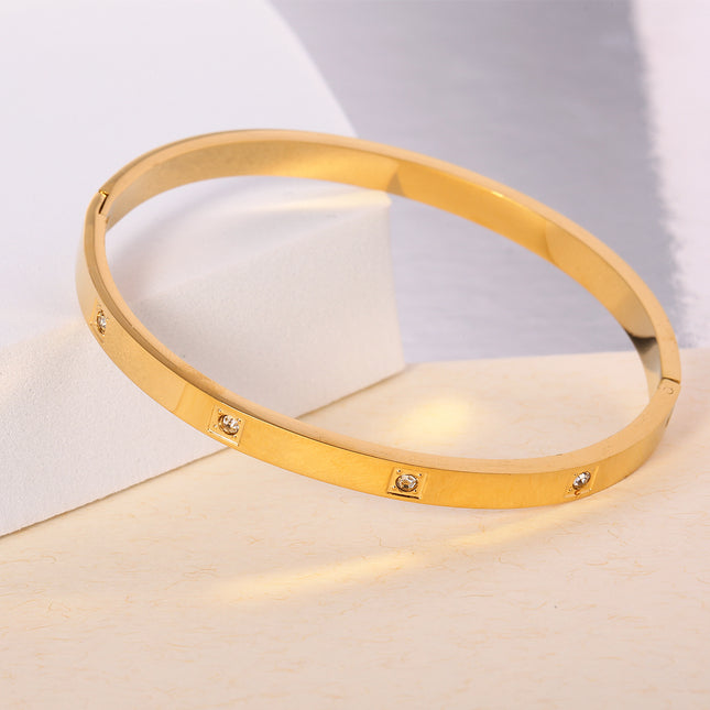 Pulsera Brazalete De Acero Inoxidable Diseño Liso Con Zirconia