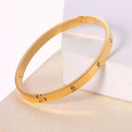 Pulsera Brazalete De Acero Inoxidable Diseño Liso Con Zirconia