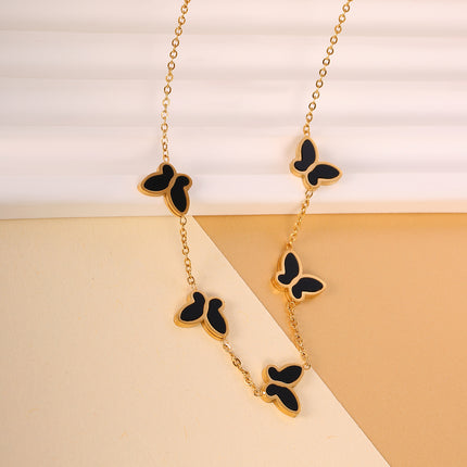 Collar De Moda Con Cinco Mariposas Negro De Acero Inoxidable Sofisticado