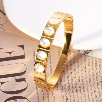 Pulsera Brazalete De Acero Inoxidable Con Cinco Piedras Ovaladas Blancas
