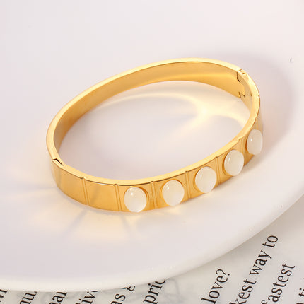 Pulsera Brazalete De Acero Inoxidable Con Cinco Piedras Ovaladas Blancas