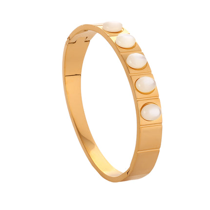 Pulsera Brazalete De Acero Inoxidable Con Cinco Piedras Ovaladas Blancas