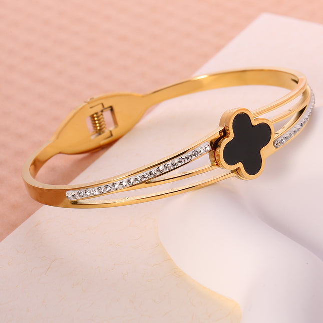 Pulsera Brazalete De Acero Inoxidable Con Flor De Cuatro Hojas Y Circon