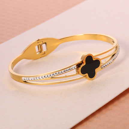 Pulsera Brazalete De Acero Inoxidable Con Flor De Cuatro Hojas Y Circon