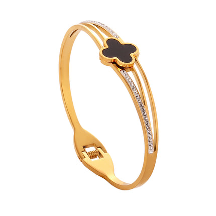Pulsera Brazalete De Acero Inoxidable Con Flor De Cuatro Hojas Y Circon