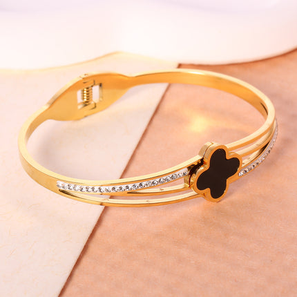 Pulsera Brazalete De Acero Inoxidable Con Flor De Cuatro Hojas Y Circon