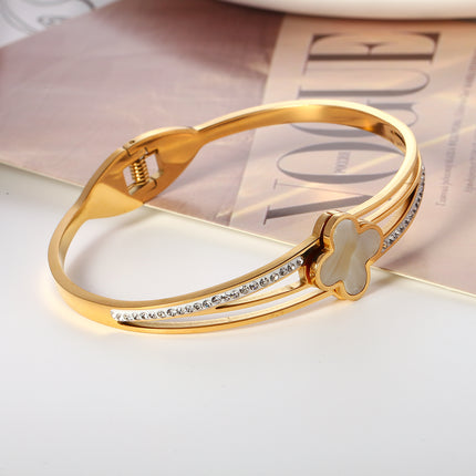 Pulsera Brazalete De Acero Inoxidable Con Flor De Cuatro Hojas Y Circon