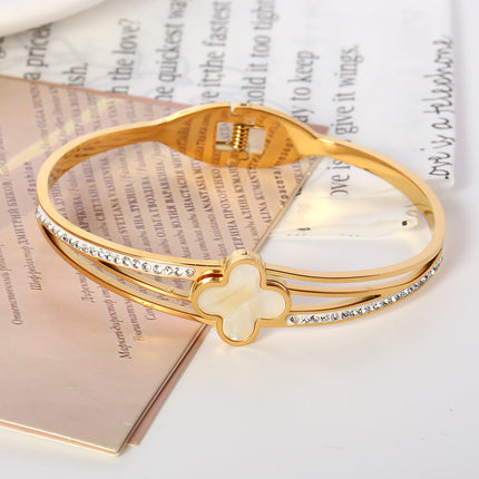 Pulsera Brazalete De Acero Inoxidable Con Flor De Cuatro Hojas Y Circon