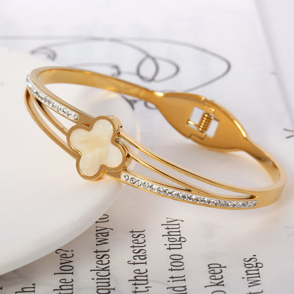 Pulsera Brazalete De Acero Inoxidable Con Flor De Cuatro Hojas Y Circon