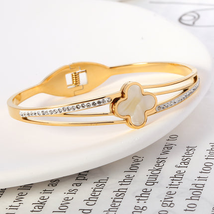 Pulsera Brazalete De Acero Inoxidable Con Flor De Cuatro Hojas Y Circon