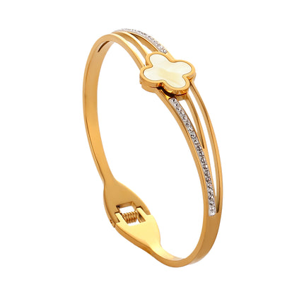 Pulsera Brazalete De Acero Inoxidable Con Flor De Cuatro Hojas Y Circon