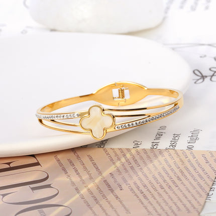 Pulsera Brazalete De Acero Inoxidable Con Flor De Cuatro Hojas Y Circon