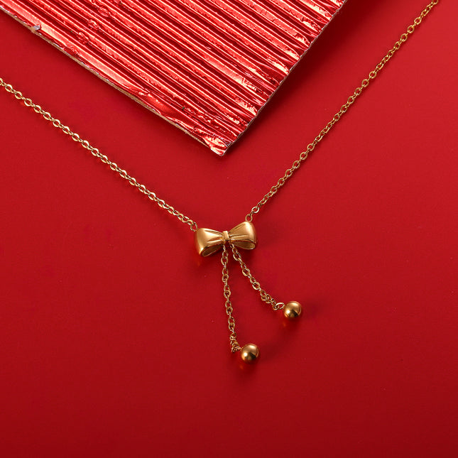 Collar Con Lazo y Cuentas Colgantes De Acero, Estilo Elegante Y Adorable
