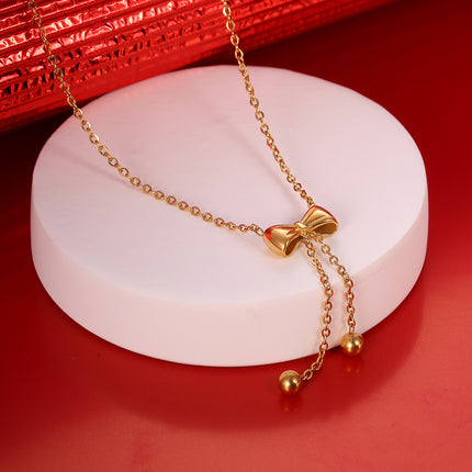 Collar Con Lazo y Cuentas Colgantes De Acero, Estilo Elegante Y Adorable