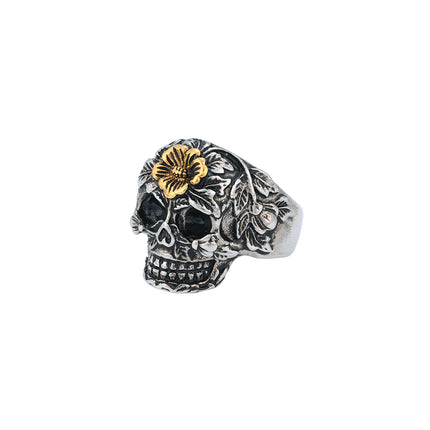 Anillo Con Diseño Vintage Calavera Y Flores Vintage Para Hombre En Acero Inoxidable