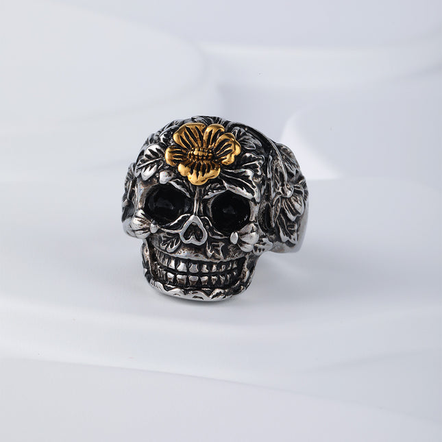 Anillo Con Diseño Vintage Calavera Y Flores Vintage Para Hombre En Acero Inoxidable