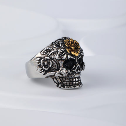 Anillo Con Diseño Vintage Calavera Y Flores Vintage Para Hombre En Acero Inoxidable