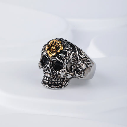 Anillo Con Diseño Vintage Calavera Y Flores Vintage Para Hombre En Acero Inoxidable